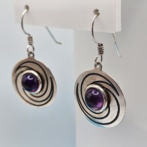 Steve Stamas Sterling Purple Amethyst Silver Round Dangle Fish Hook Earrings